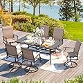 BUPPLEE 7-Piece Outdoor Patio Dining Set with 6 Swivel Rocker Chairs, Rectangular Metal Table with Umbrella Hole, 6-Person Patio Table and Chairs for Backyard, Poolside, Balcony and Garden Brown