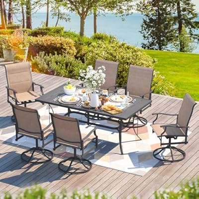BUPPLEE 7-Piece Outdoor Patio Dining Set with 6 Swivel Rocker Chairs, Rectangular Metal Table with Umbrella Hole, 6-Person Patio Table and Chairs for Backyard, Poolside, Balcony and Garden Brown