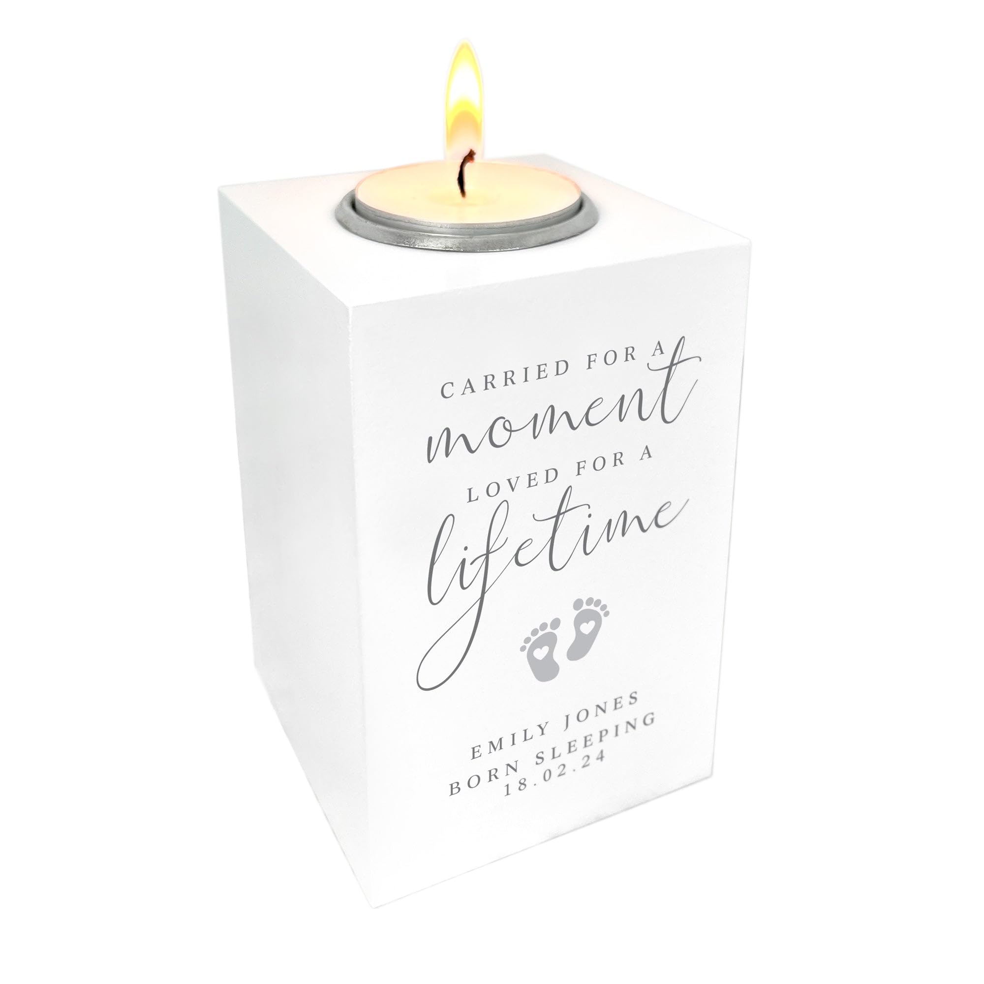 The Lovely Keepsake Company White Personalised Angel Baby Memorial Wooden Photo Tea Light Holder - Custom Message | Sympathy Gift, Remembrance | W7cm X D7cm X H10cm
