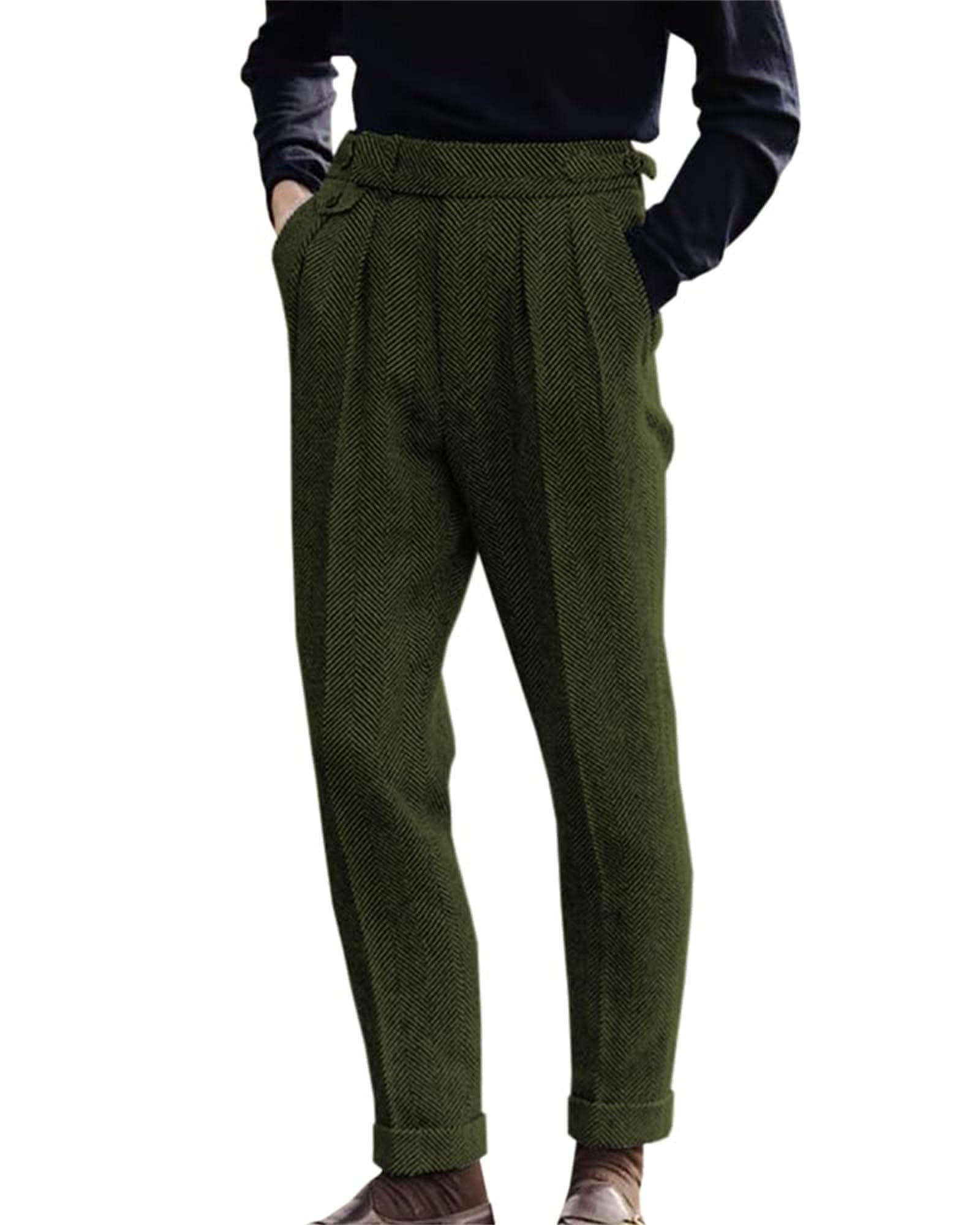Pantalon en tweed taille haute pour homme - Pantalon vintage en laine plissée sur le devant - Pantalon de costume avec taille extensible - Pantalon Ben Davis