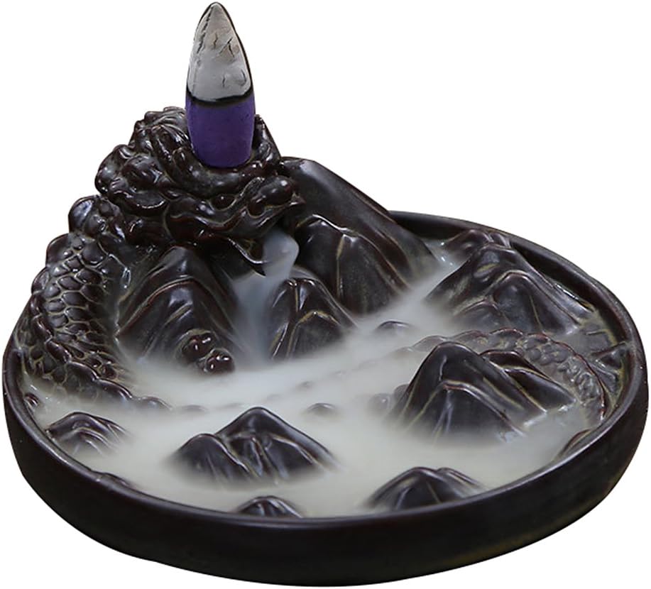 Dragon Backflow Incense Burner with 10pcs Backflow Incense Sticks Cones Ceramic Dragon Incense Holder ''Dragon Mountain'' 12.3 x 5.3cm