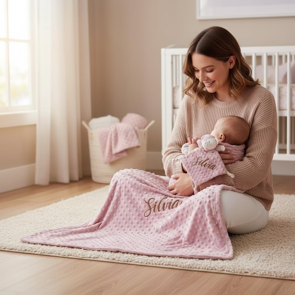various Set Regalo Neonato Personalizzato con Nome Ricamato, Coperta Minky Ultra Morbida e Doudou per Bambino o Bambina, Idea Regalo Nascita e Baby Shower con Scatola Regalo Colore Trucco