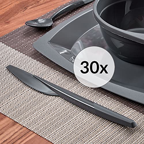 Grizzly Besteckset aus Kunststoff I 30er Set Mehrweg Messer I Stabil, Spülmaschinenfest I 100% Recyclebar I Wiederverwendbares Anthrazit Besteck