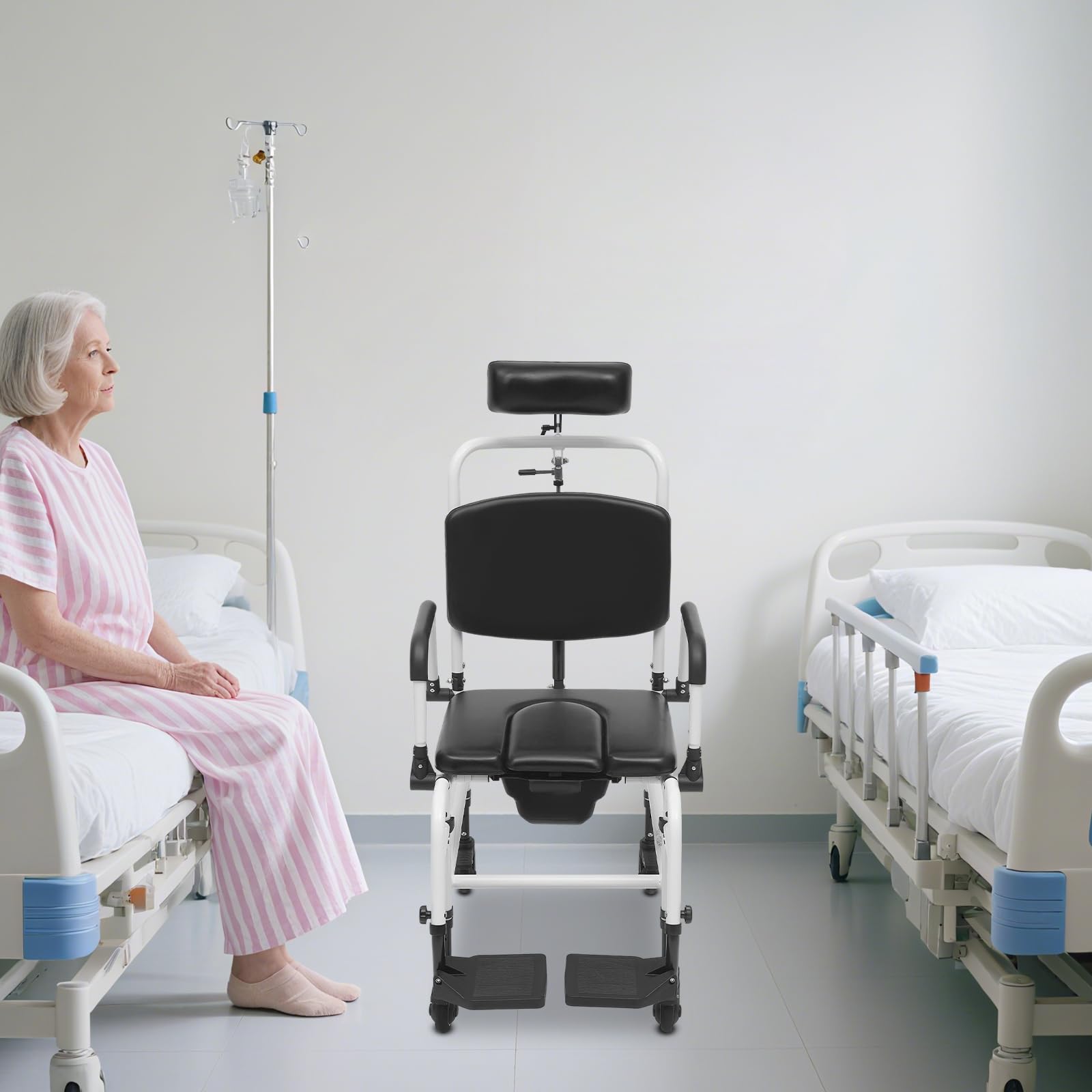Prysznicowy wózek inwalidzki z regulowanym oparciem w zakresie 90-140°, składane podłokietniki do 100 kg, pomoc w kąpieli, regulacja wysokości siedziska 45-50 cm, 4 kółka hamulcowe, wózek inwalidzki