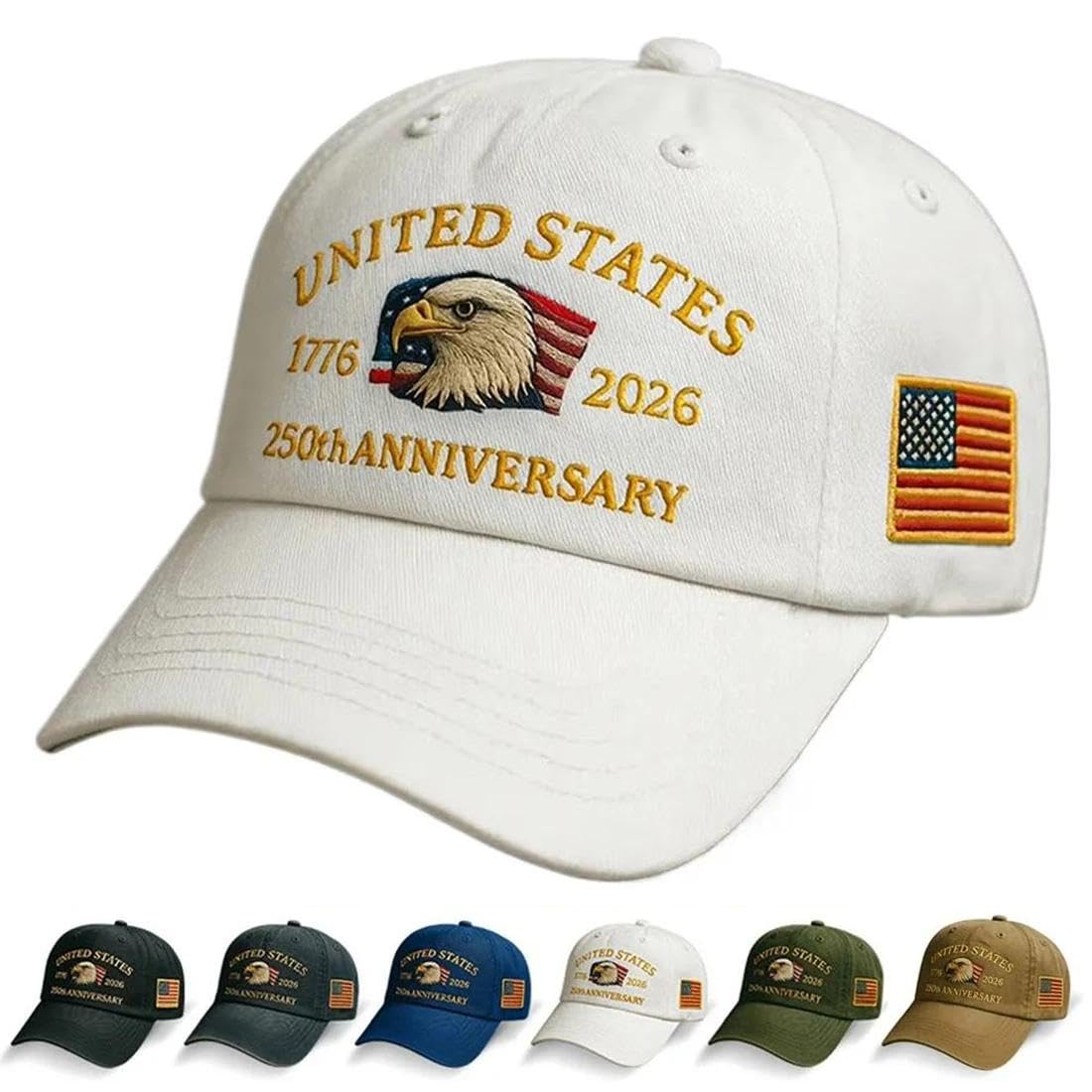 Qianyihc Men's White Baseball Cap For Cotton One Size, Cotton Embroidered Casual Baseball Cap, Adjustable America Eagle Hat, Us 250Th Anniversaries Hat, Unisex(White)