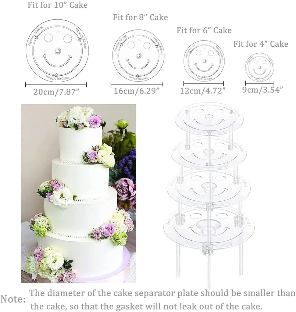 Smiley Plastic Cake Dowel Rods Set，12 Pcs White Plastic Cake Dowel Rods,12 Pcs Clear Cake Stacking and 4 Pcs Smiley Cake Separator Plates for 4, 6, 8, 10 Inch Cakes