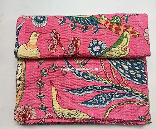 Pink Handblock Animal Print Handmade Cotton Kantha Quilting Boho Bedding Throw Blanket Hippie Queen/King Size Bohemian Block Kantha Quilt (90X108 inches (Double/Queen))