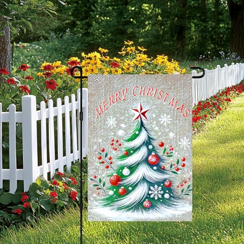 Image of BlissYard Christmas Garden Flag 12x18 Inch Tree Red Berries Yard Decor | Double sided polyester, tree red berries design, classic holiday home decor for Christmas porch and yard