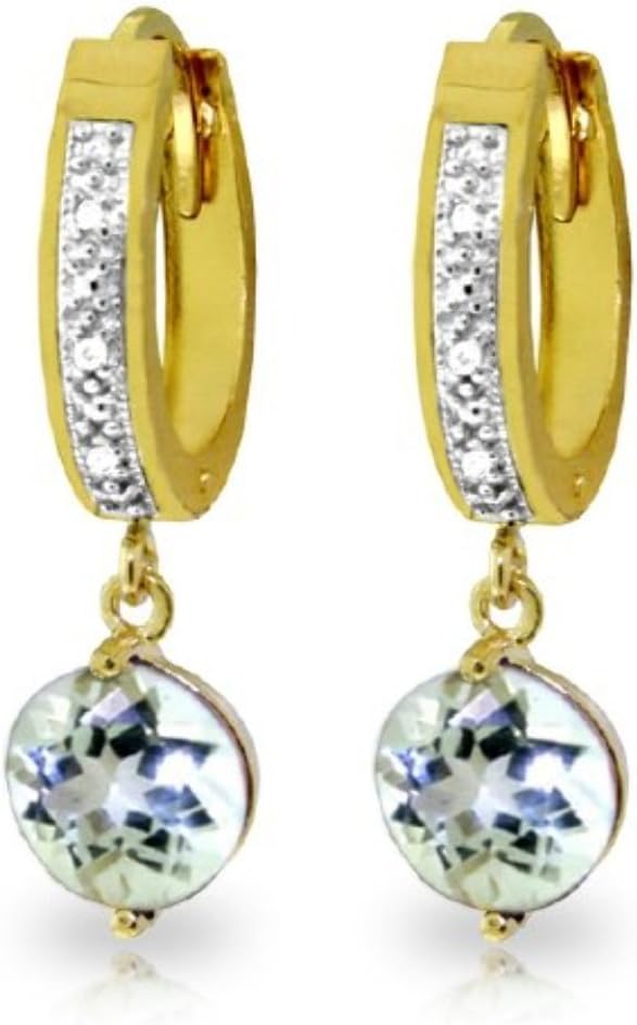 14k Yellow Gold Hoop Earrings with Diamonds and Aquamarine - Image 3