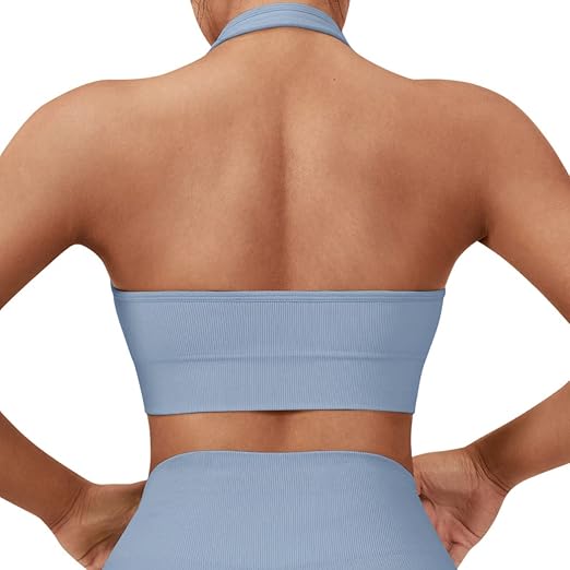 SUUKSESS Women Seamless Halter Sports Bra Open Back Padded Workout Crop Tank Tops