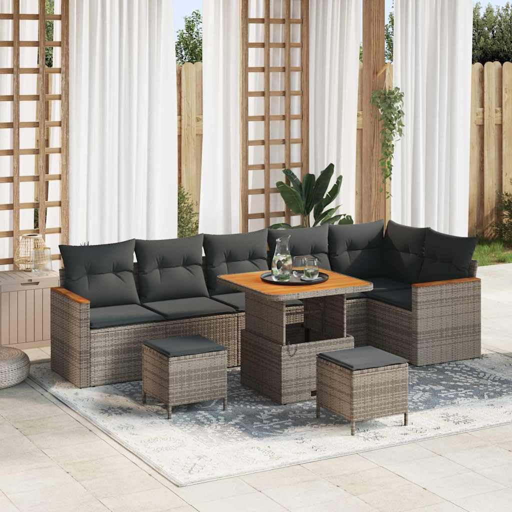 Juego de muebles de jardín gris de 9 piezas, sofá de jardín de polirratán con cojines, asiento modular para terraza, balcón, incluye respaldo y reposabrazos de polirratán, fundas acolchadas