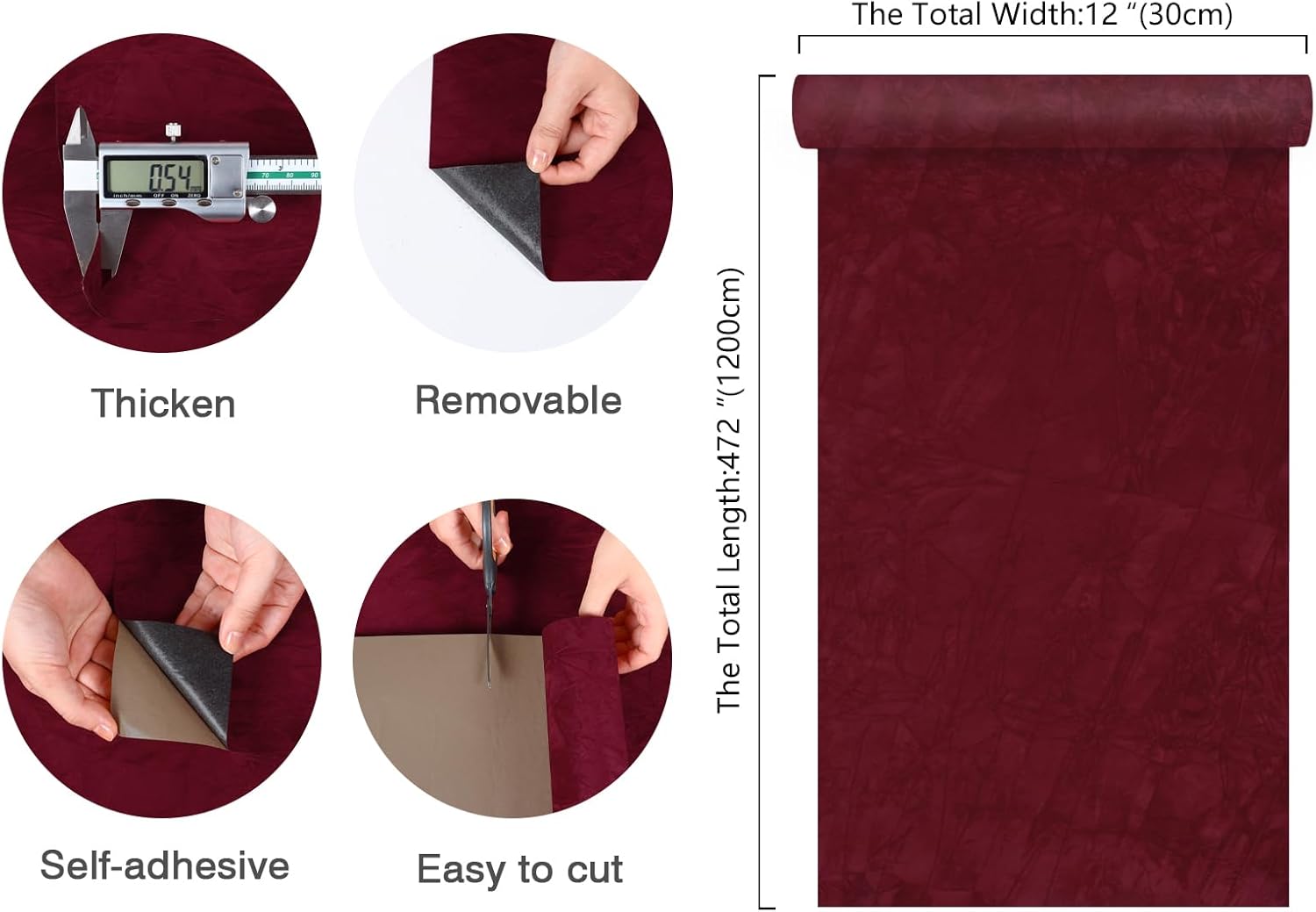 CHIHUT Dark Red Velvet Drawer Liner Soft Creased Velvet Contact Paper for Cabinet Shelf Liner Self Adhesive Red Wallpaper Peel and Stick Thick Flocking Fabric Roll for Jewelry Box Dresser 12"x472"
