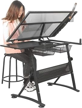 Tempered Glass Drawing Table with Sub-Board, Adjustable Drawing Table, with Storage Space, Large Art Table, Suitable for Home Office Drawing Table