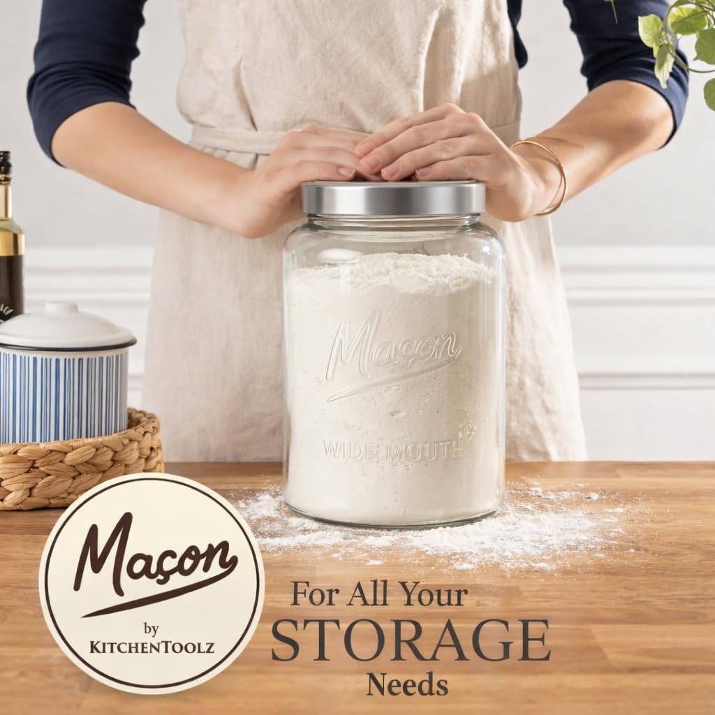Kitchentoolz Extra Large Mason Jar - 1 Gallon Glass Wide Mouth Jar with Airtight Metal Screw on Lid, Food Storage Container with Measurement Marks For Kitchen Pantry, Pickling, Flour & Sugar Pack of 2