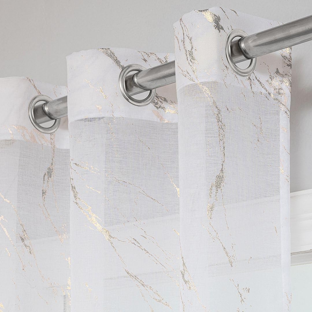 John Aird Voile Curtains - Eyelet - Silver Foil Printed Marble Design - White Linen Effect Voile (52" Wide x 118" Drop)