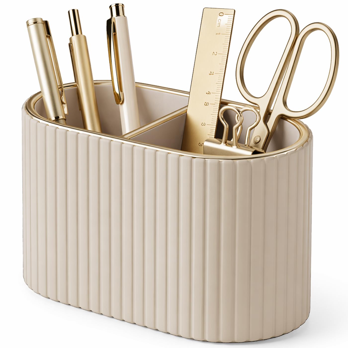 KINGFOM Pen Pot, Leather Pen Holder for Desk (Beige)