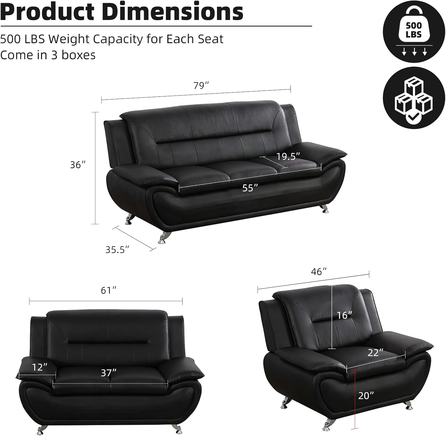 Modern Leather Sofa Set, Living Room Furniture, 3 - Piece Couch Set, Faux Leather Couch Loveseat Chair Set with Sturdy Legs for Living Room/Bedroom/Office,Black