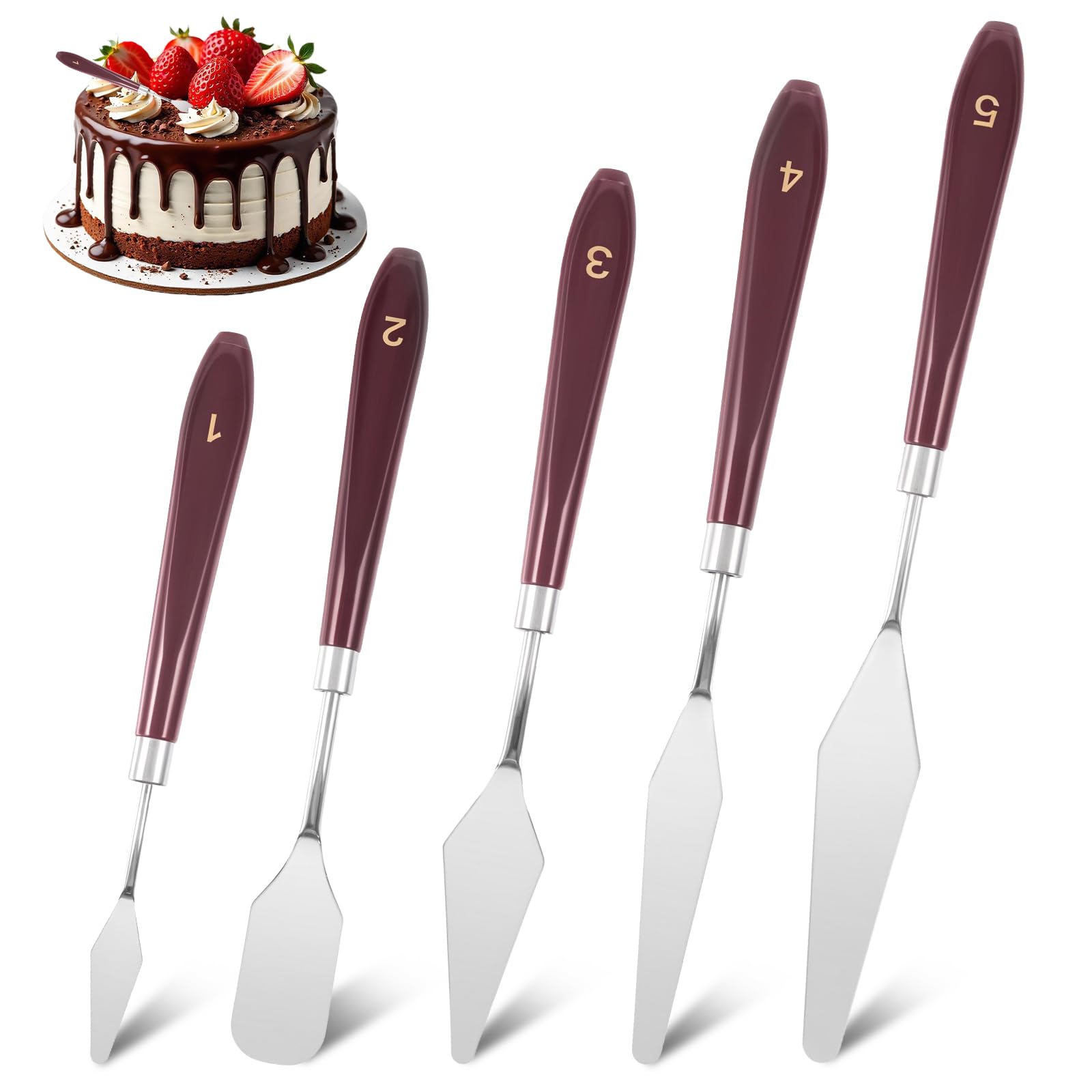 SULIKJHUI 5 Pieces Cake Spatula, Stainless Steel Icing Spatula Set, Thin Blade Palette Knife for Frosting, Fondant, Chocolate, Pastry Decorating, Art Painting, Comfortable Handle