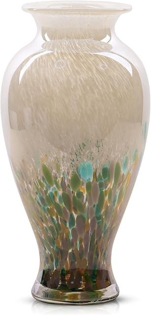 Green Glass Vase 30cm Tall Beautiful Mouth Blown Glass Vase for Home Decoration, Wide Opening, Colorful Vases for Fireplace, Dining Table, Centerpieces, Entryway, Living Room