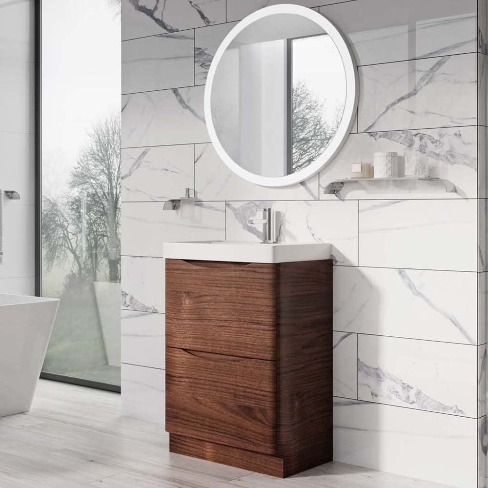Go BathroomsEaton Redwood 600mm Floor Standing Vanity Unit Inc Resin Basin Sink Vanity Unit Under Sink Bathroom Cabinet Storage Vanity Sink