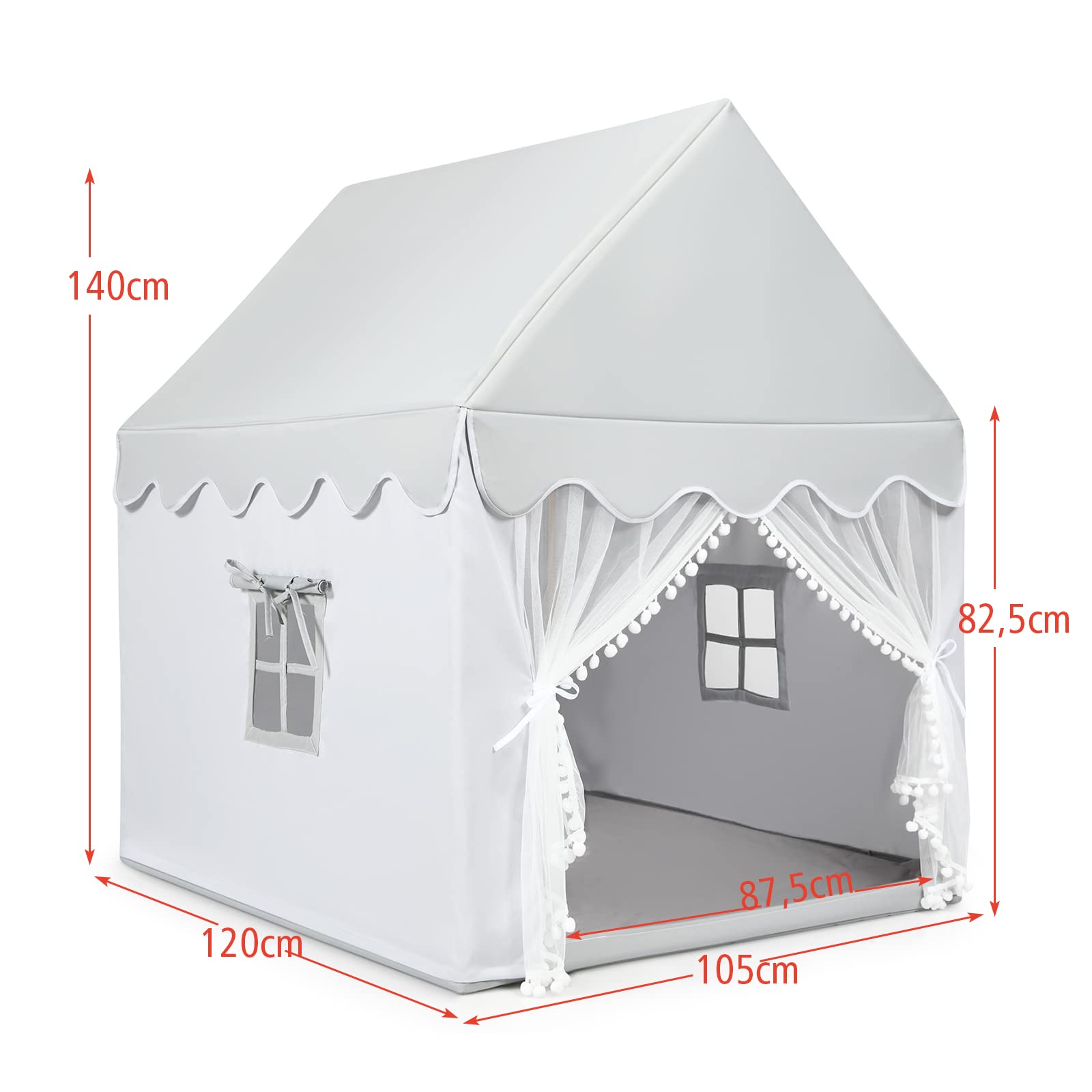 COSTWAY Kindertent voor binnen, kinderspeelhuis voor jongens meisjes prinses, kinderspeeltent met massief houten frame & katoenen plafond, kinderspeelhuis voor binnen, 120x105x140cm (beige grijs