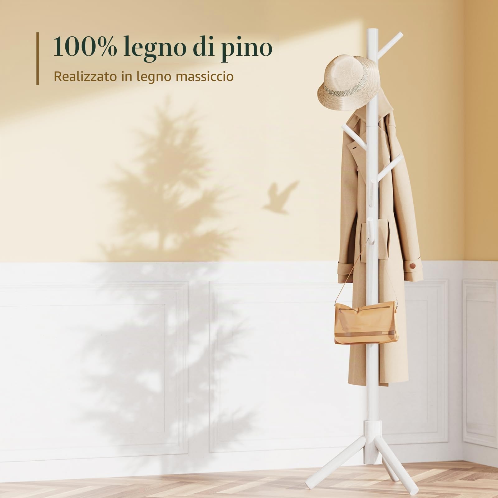 Pipishell Appendiabiti in legno robusto, 3 dimensioni regolabili con 8 ganci, appendiabiti per corridoio ingresso, porta cappotti per vestiti, utilizzato in camera da letto/ufficio/corridoio/ingresso