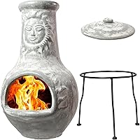 WIOSI Medium Grey Clay Chiminea Outdoor Fireplace with Rain Lid & Metal Stand - Rustic 16x16x32 Fire Pit