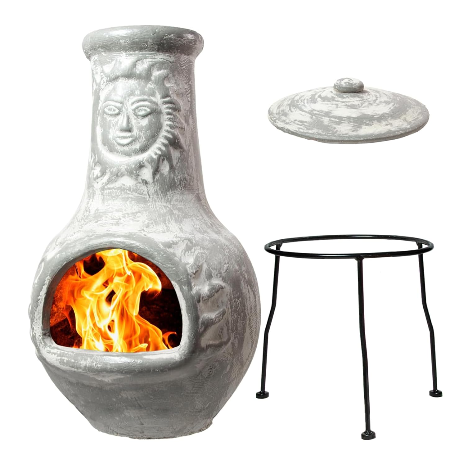 Wiosi Medium Chiminea Outdoor Fireplace Grey Clay Chimineas with Chimney Rain Lids and Solid Metal Stands - Grey Terracotta Chimenea - Rustic Fire Pit Chimnea 16 x 16 x 32-inch