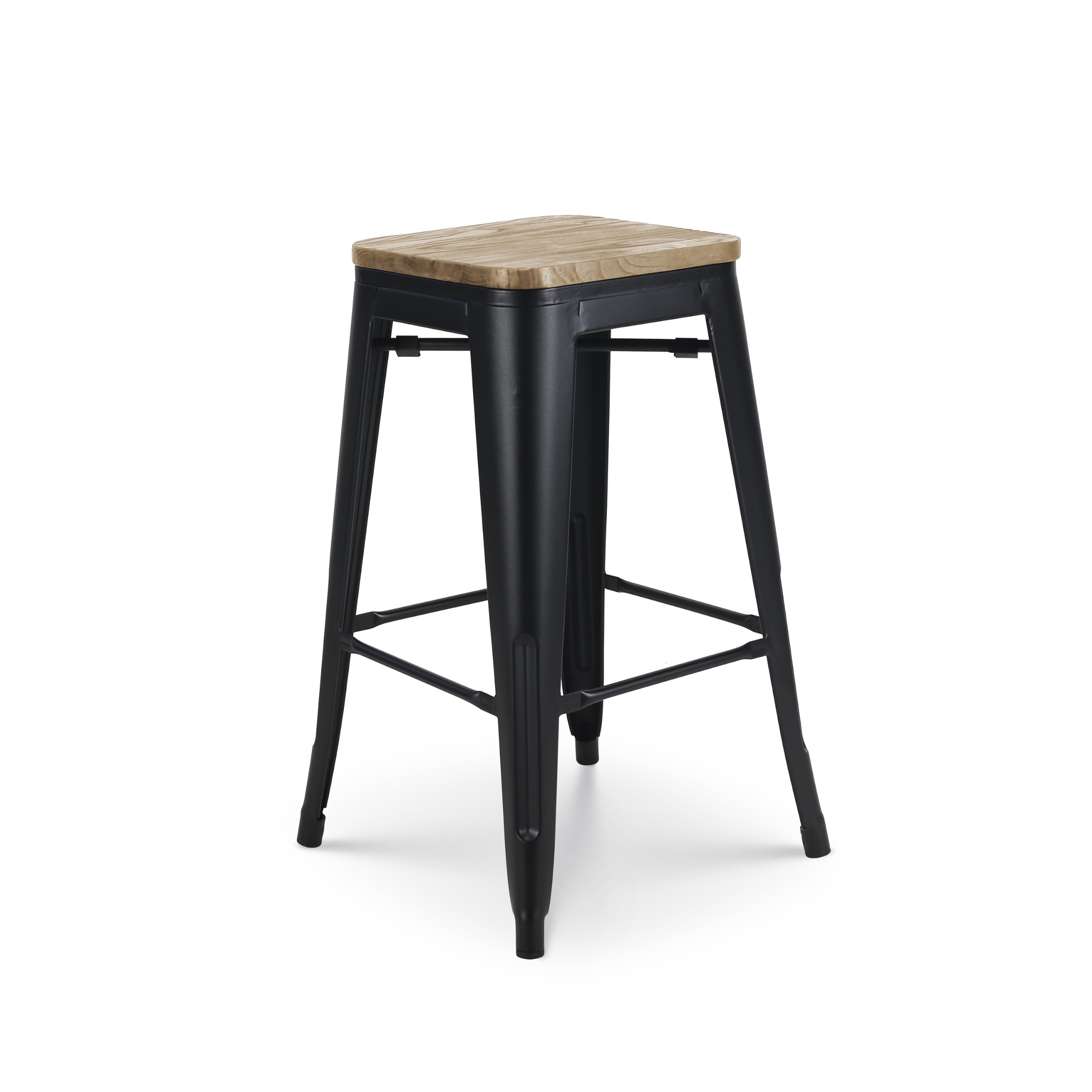 Kosmi Lot de 4 Tabourets de Bar Industriels 66 cm – Structure en Métal Noir Mat, Assise en Bois Clair, Style Loft Vintage, Cuisine, Îlot Central, Bar, Restaurant, Montage Facile