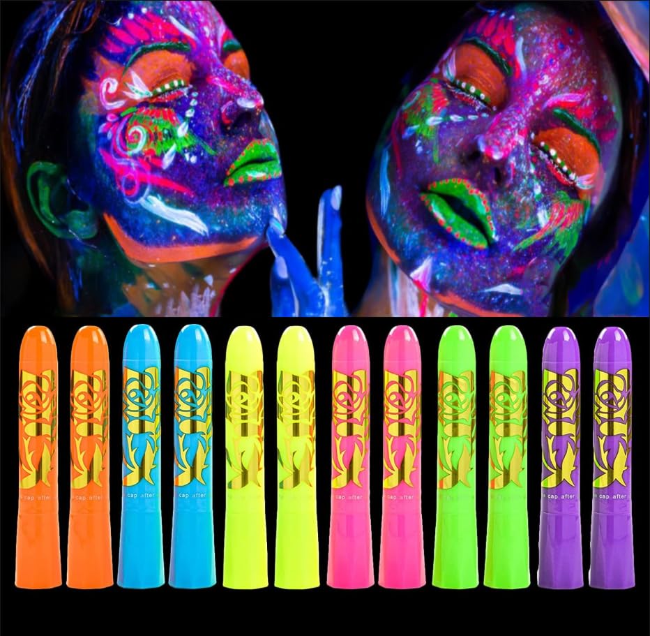 12 Pcs Glow in The dark Light Body UV Face Paint Face Painting Kit Crayons Kit Fluorescent neon Body Paints for Adults for Birthday Party Halloween Masquerade Makeup Outdoor