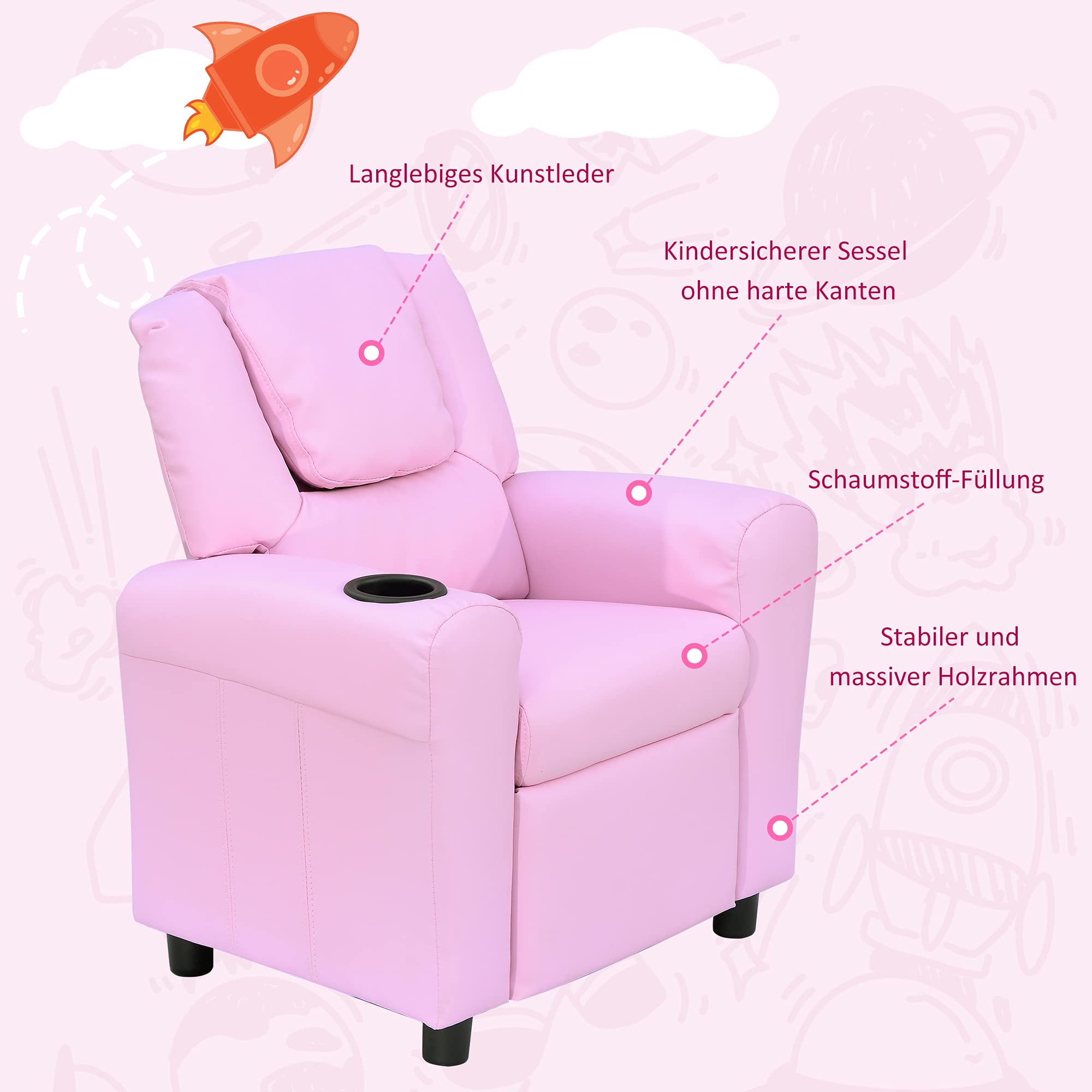 HOMCOM Kindersofa Kindersessel mit Fußstütze Armlehne Getränkehaltern verstellbare Rückenlehne Liegecouch Kindercouch Relaxsessel Kinder Sofa für 3-6 Jahre Jungen Mädchen Rosa