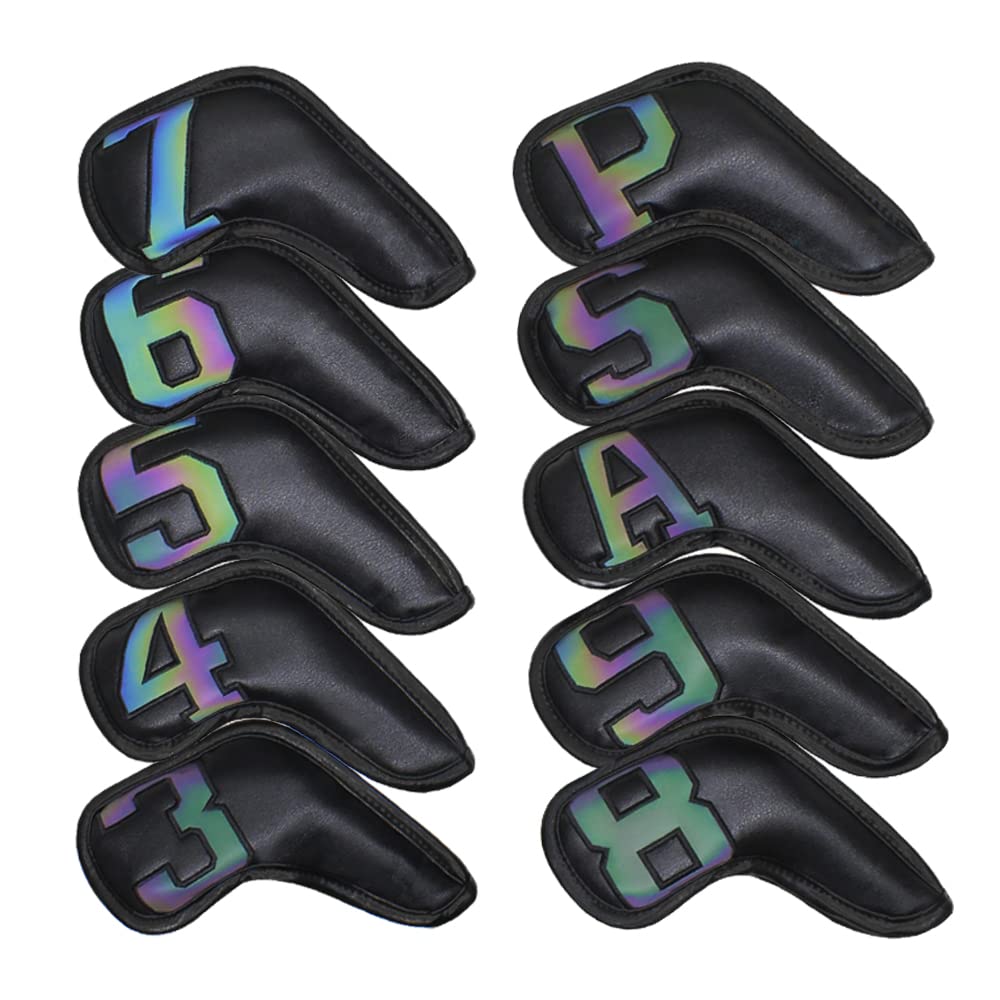 Scott Edward 10 fundas de cuero para cabeza de golf de hierro fuerte, cierre magnético, cuello largo, proteger el club, claramente número 3-9/A/P/S (cuero degradado negro)