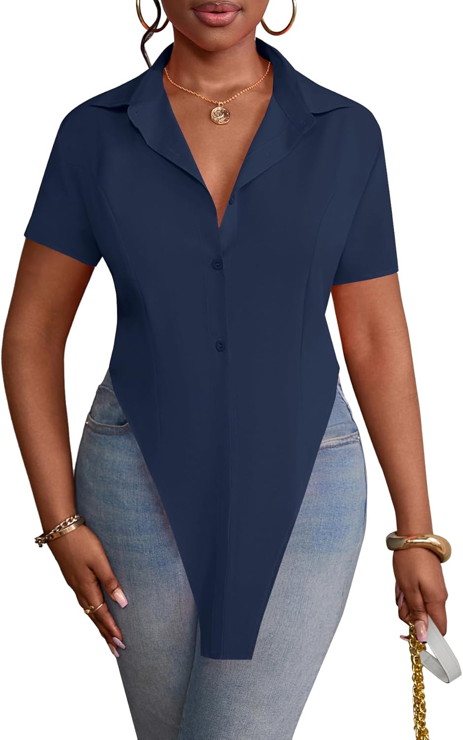 LYANER Women's Collar V Neck Button Front Short Sleeve Slit Hem Long Shirt Blouse Top - Image 4