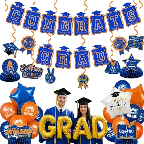 Image of Blue Orange Gold Balloons GRAD Print Balloons with Banner Table Honeycomb Centerpieces Hanging Swirl star GRAD Letters Mylar Balloons for 2026 graduate Prom Decorations