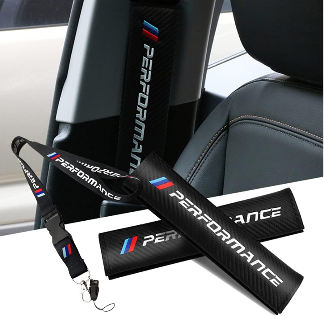 NOI 2Pcs Carbon Fiber Look Texture Car seat Belt Shoulder pad Cover and 1PCS Black Lanyard Suitable for Any car Model