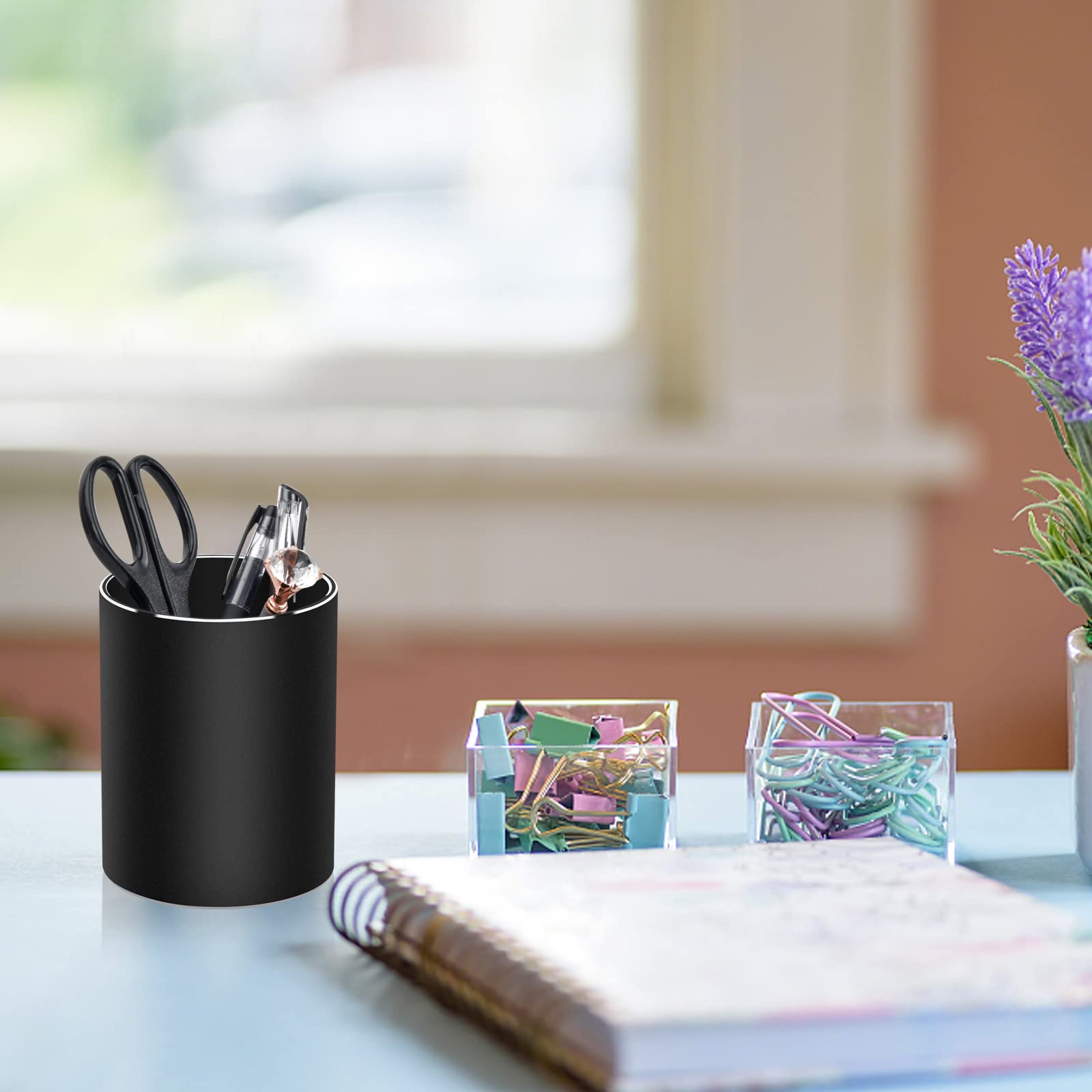 Pot à Crayons Métal Noir - Organiseur Bureau Rond 8x10cm