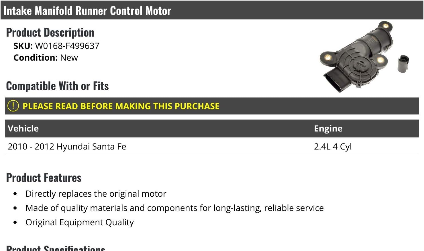 Intake Manifold Runner Control Motor, Compatible with 2010-2012 Hyundai Santa Fe 2.4L 4-Cylinder