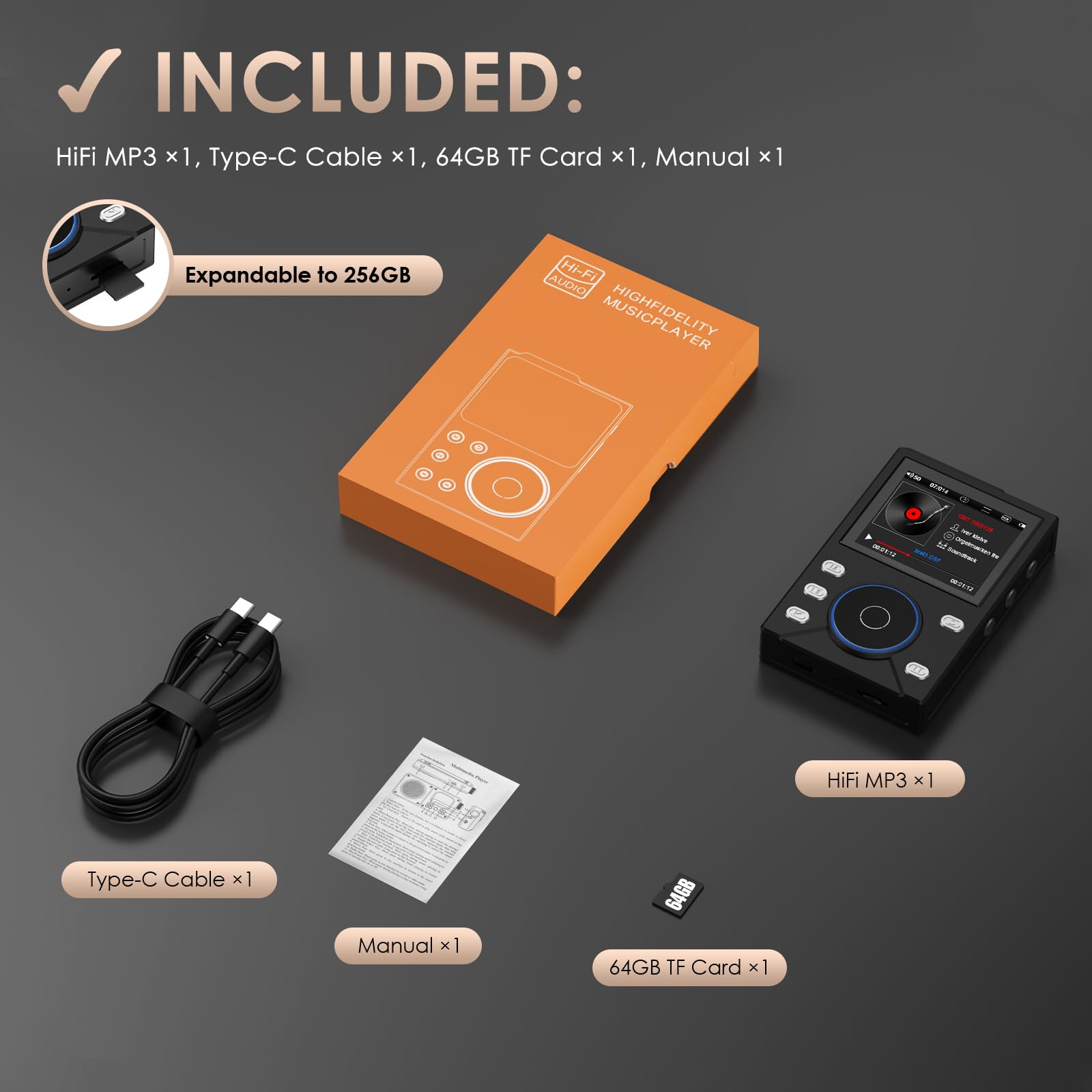 Gueray Lettore MP3 HIFI 16GB con Bluetooth 5.3 - Lettore Audio Digitale Alta Risoluzione Senza Perdita, Supporto Radio FM, Registratore Vocale, Scheda di Memoria da 64GB (Espandibile fino a 256GB)