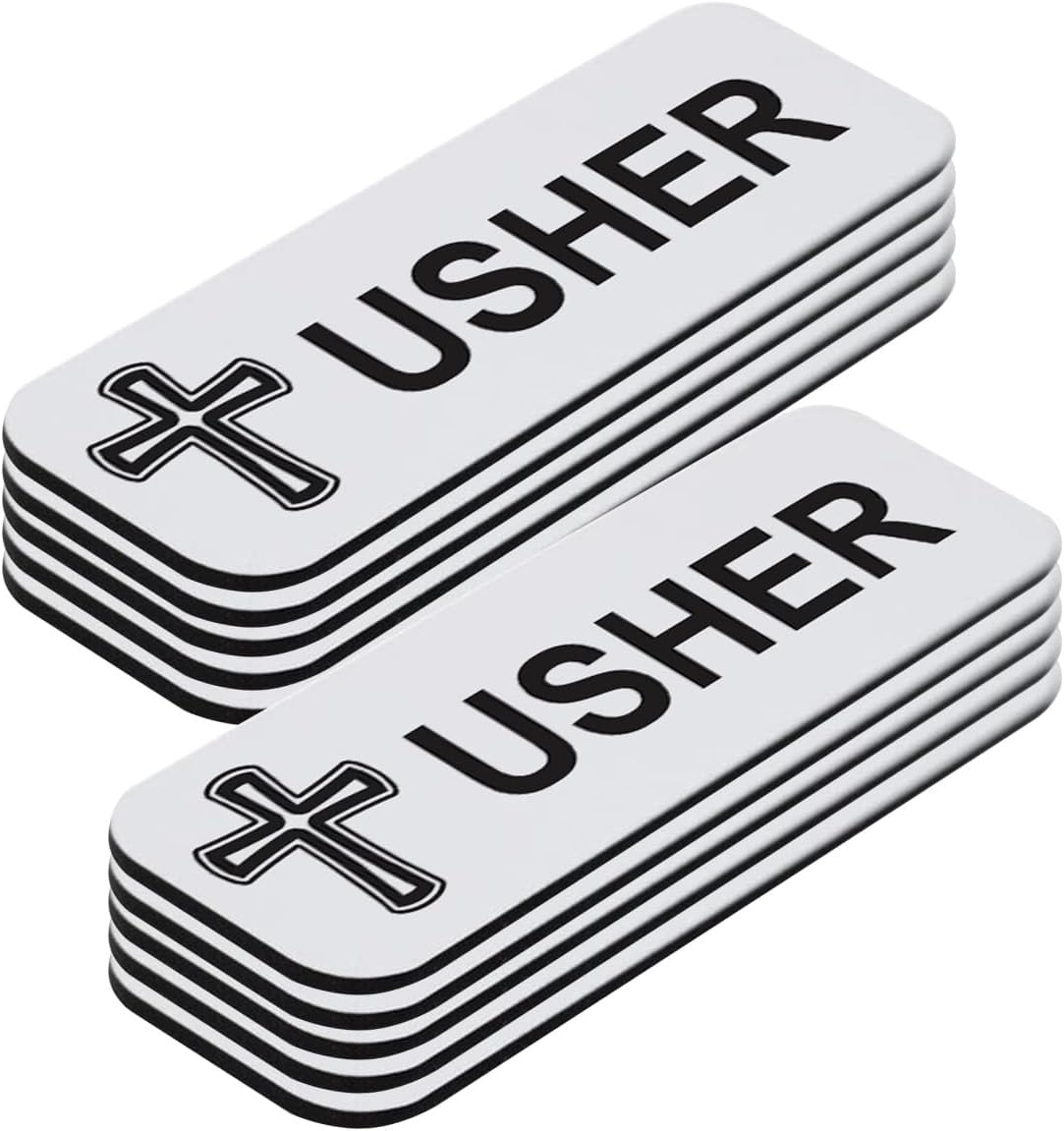 Usher 1 x 3 Name Tag/Badge, White, Cross Design (10 Pack)