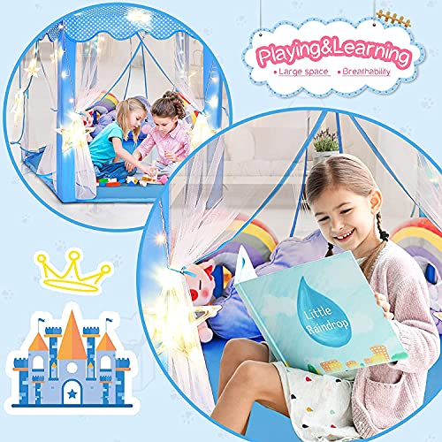 Image of BabyGo Kids Prince Princess Castle Theme Play Tent with Mosquito Net Design for Kids (Blue with Light)