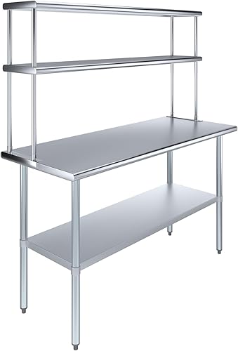 Mesa de trabajo de acero inoxidable con estante ancho de doble nivel | Combo de mesa de preparación de cocina y estantes de metal