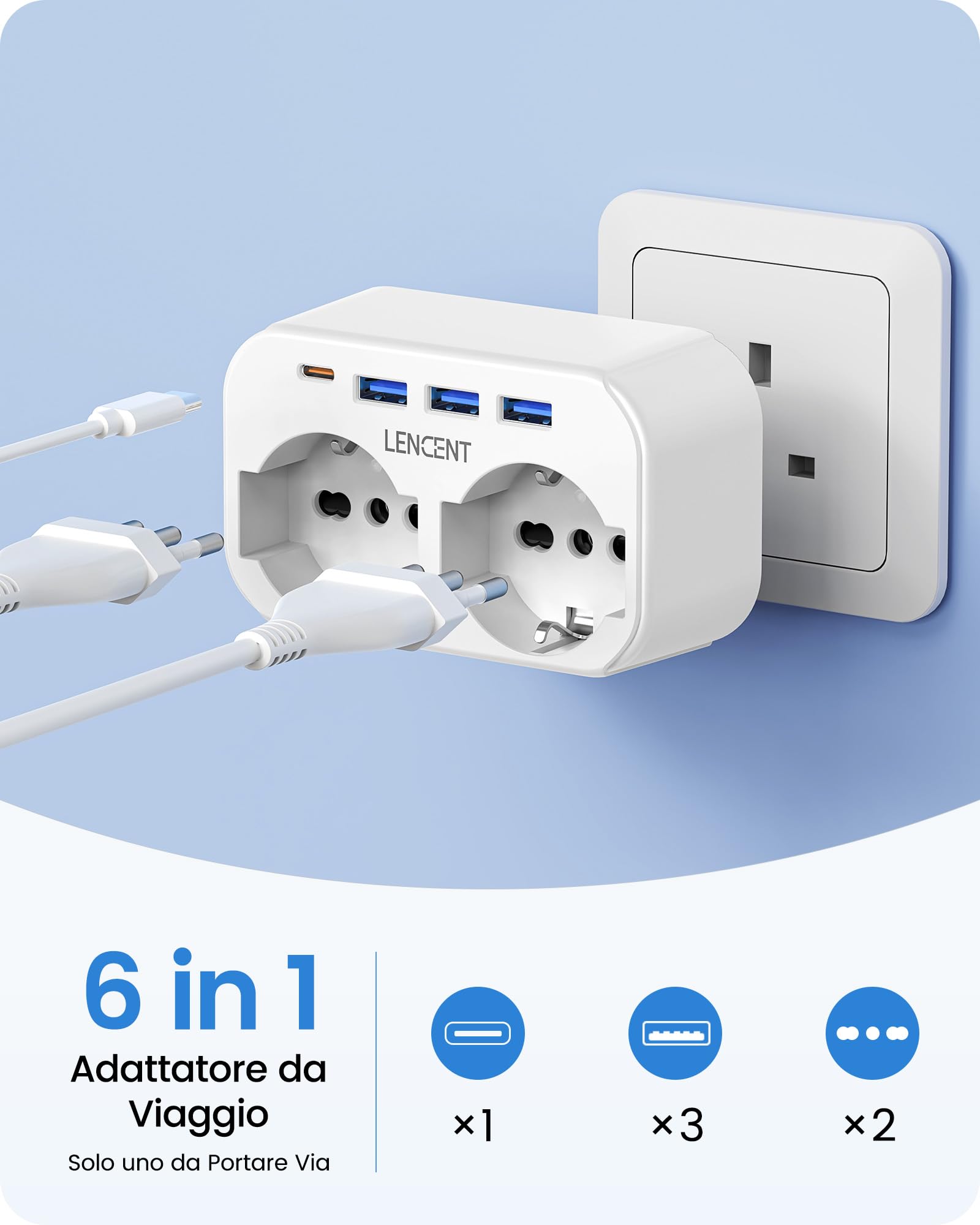 LENCENT Adattatore Presa Inglese 6 in 1 Spina Tipo G 2 Prese CA 3 USB 1 USB-C 3250W UK Viaggio