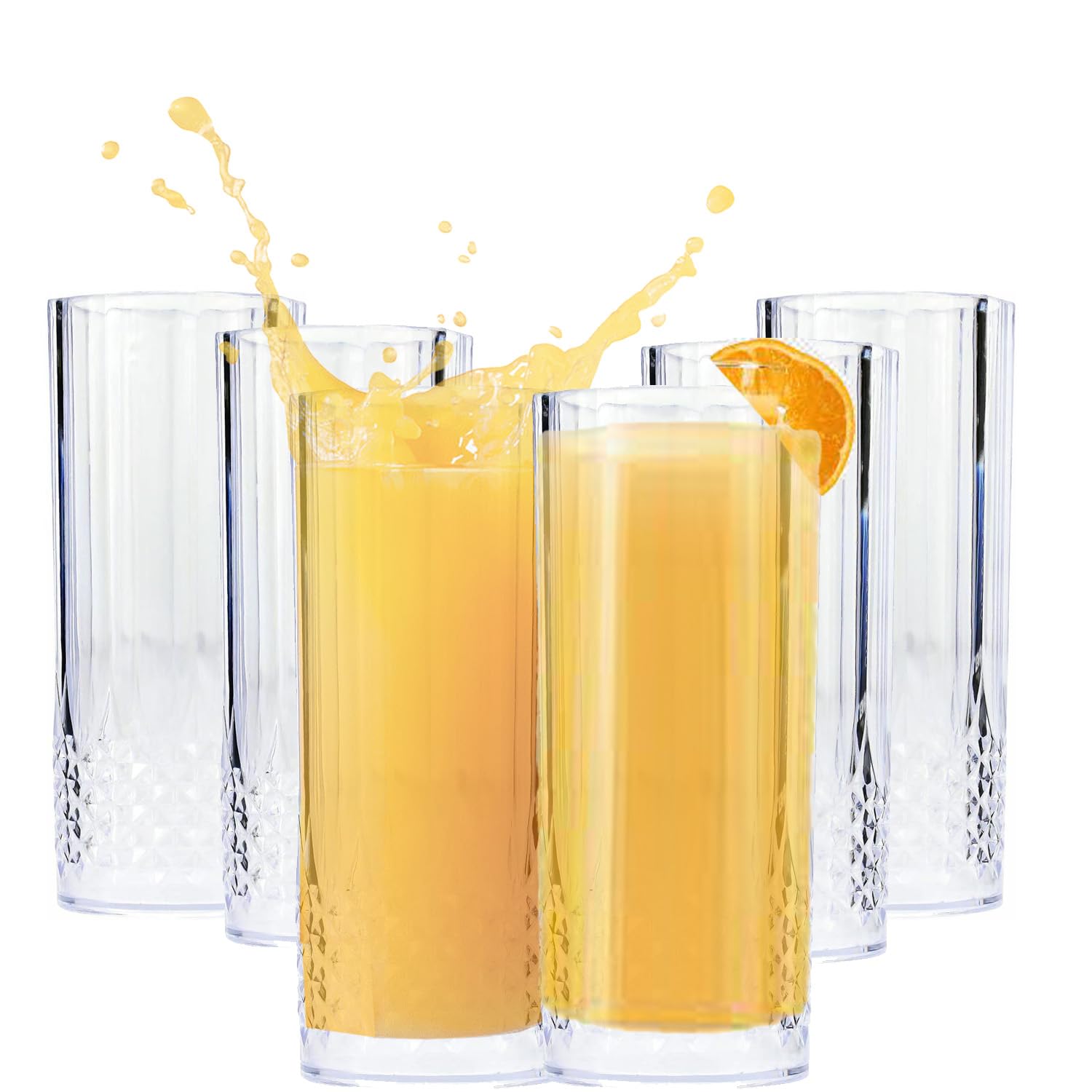 Stylish Set of 6 Hi Ball Plastic Acrylic Drink Tumblers Crystal Effect Glass Cups - Reusable Glasses Great for Picnics, BBQ’s, Poolside, Camping, Children’s Parties