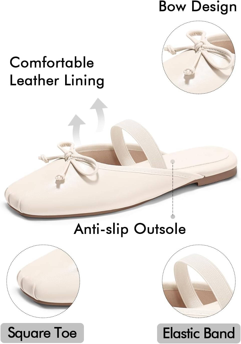 Coutgo Womens Ballet Flats Mules Bow Square Toe Slip On Slides Work Office Party Dress Shoes - Image 6