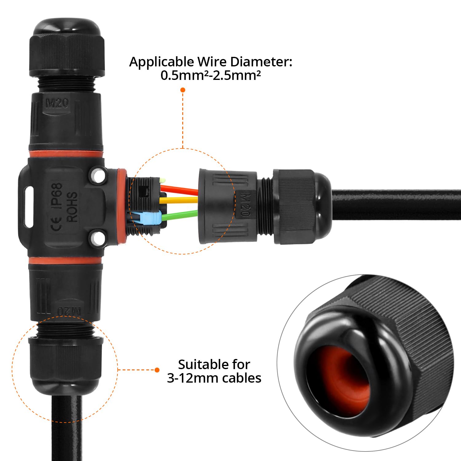 QWORK® 4 Pack IP68 Waterproof Junction Box, 3-Way Cable Connector, T-shape cable connector, Suitable for 3-12mm Cables - Image 3