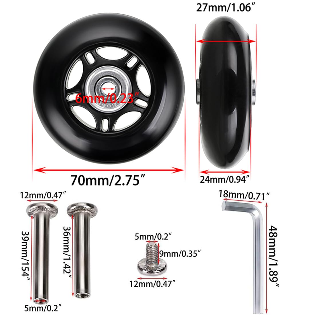 70mm x 24mm 2 Pcs Luggage Suitcase Replacement Wheels, Rubber Swivel Caster Wheels Bearings Repair Kits