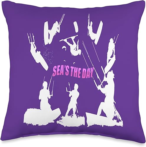 Kitesurf Gifts and Surf Lover Tees by taiche Kitesurfer Pattern White Silhouette Seas The Day Fun Pun 1 Throw Pillow, 16x16, Multicolor