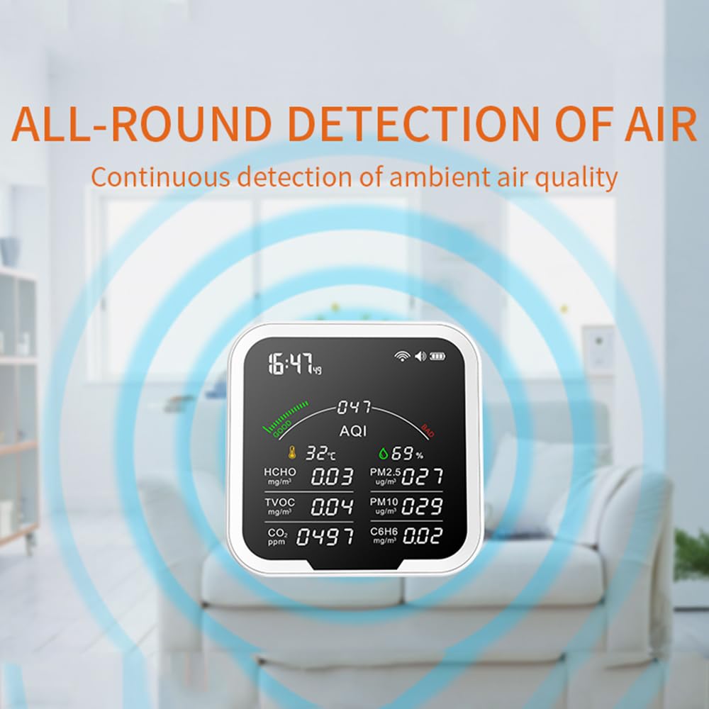 Irfora Misuratore di qualità dell'aria portatile HCHO/TVOC/CO2/PM2,5/PM10/AQI/C6H6, tester di temperatura e di influenza dell'aria da 4,8 pollici, rilevatore di anidride carbonica a grande schermo con