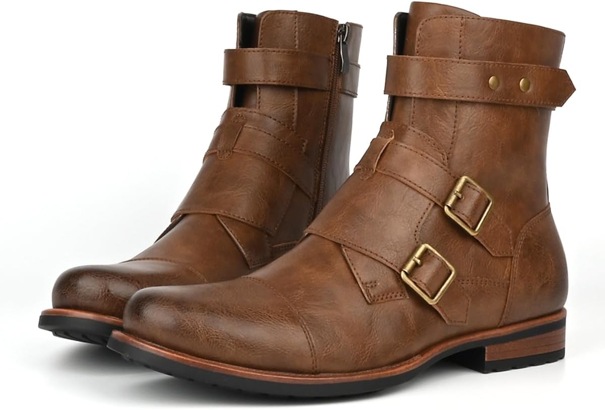 Men's Motorcycle Combat Boots Zipper Fashion Biker Boot Casual Boots for Men - Image 2