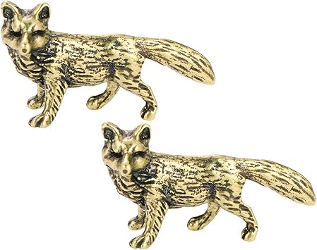 2pcs Mini Fox Figurine Tiny Brass Animal Figure, Fengshui Wealth Statue, Vintage Animal Sculpture for Home Office Tea Table Decor